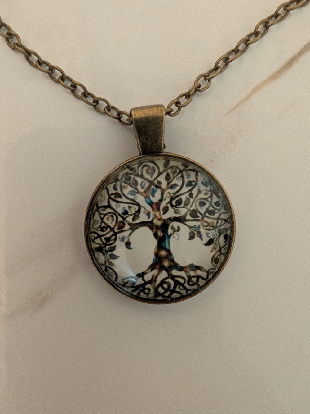 Tree of Life Glass Cabochon Bronze Pendant Necklace Celtic Boho Nature Jewelry